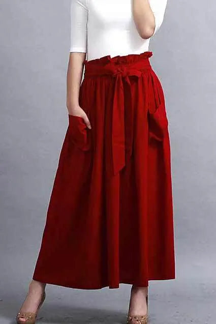 Orange Linen Maxi Skirt - Oversized Pocket and Elastic Waist 958