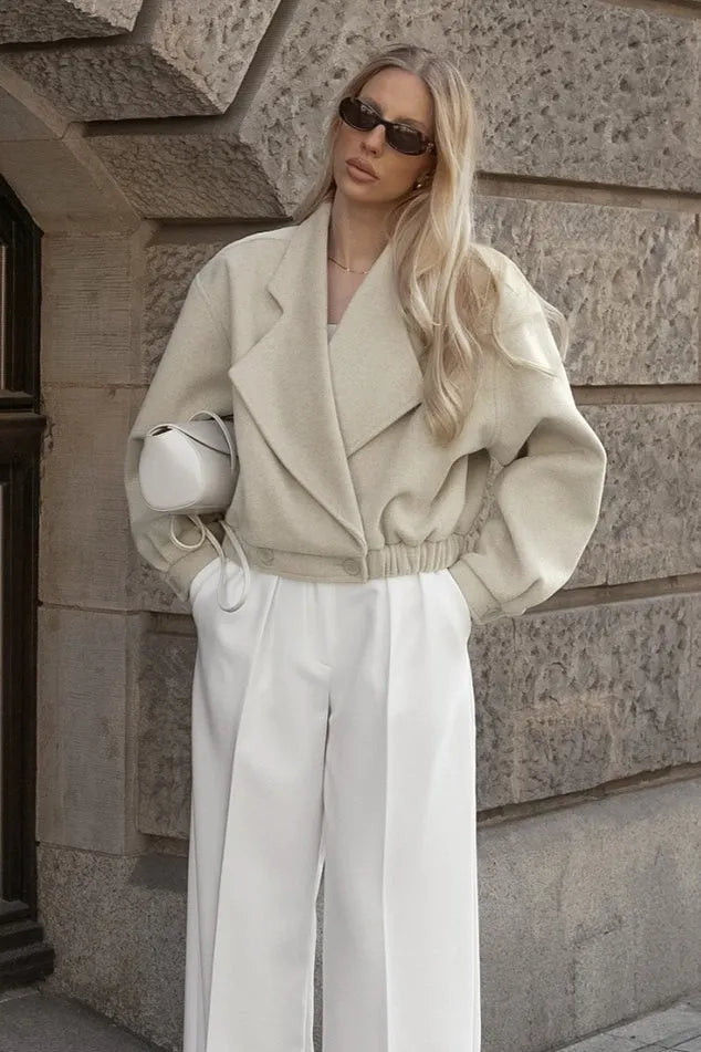 Retro Solid Wool Notch Collar Elastic Waist Coat