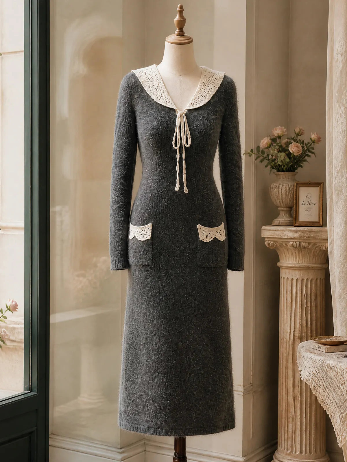 Vintage Grey Lace-Collar Tie-Neck Mohair Knit Dress