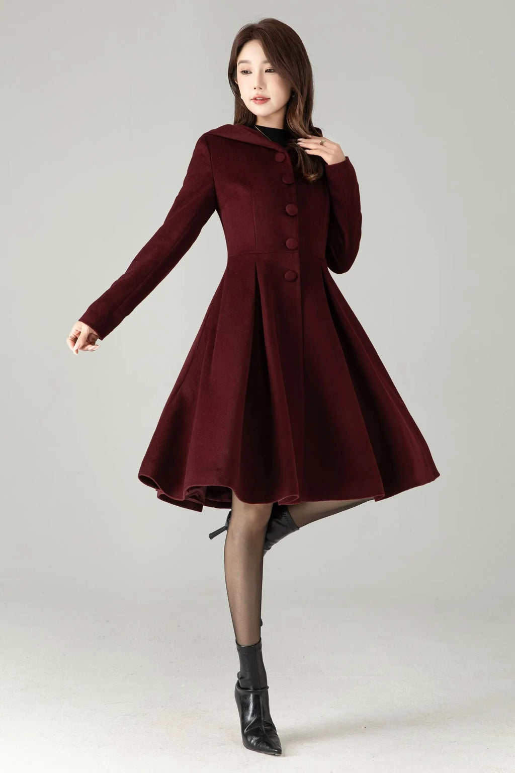 Hooded Burgundy Wool Coat – Vintage Fit & Flare Short Winter Coat 