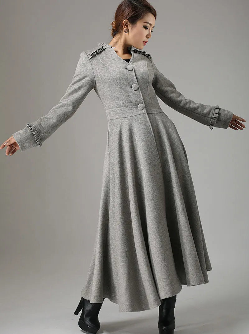 Gray Wool Maxi Coat for Women – Ruffle Trim Fit & Flare Winter Overcoat 731
