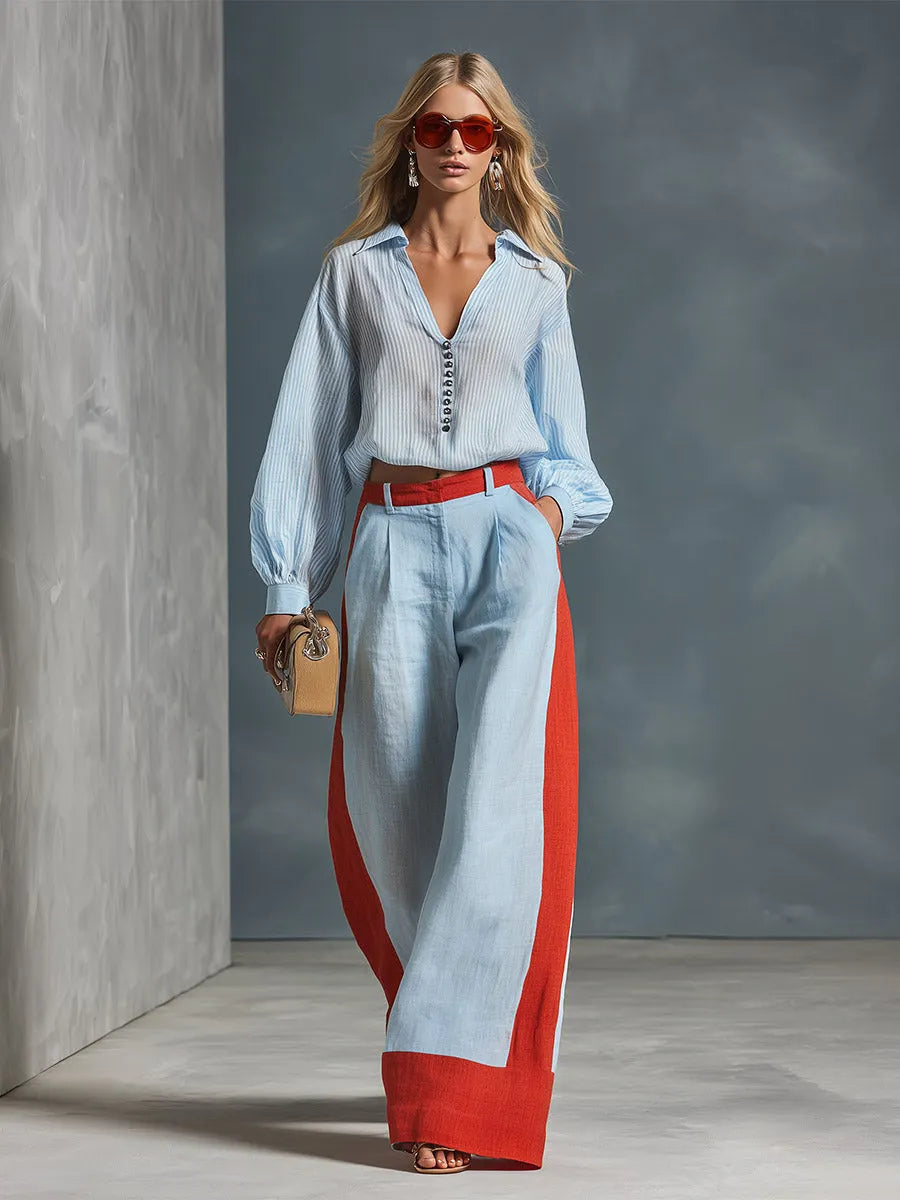Stylish Casual Blue Striped Shirt And Color-Block Wide-Leg Pants Cotton-Linen Set