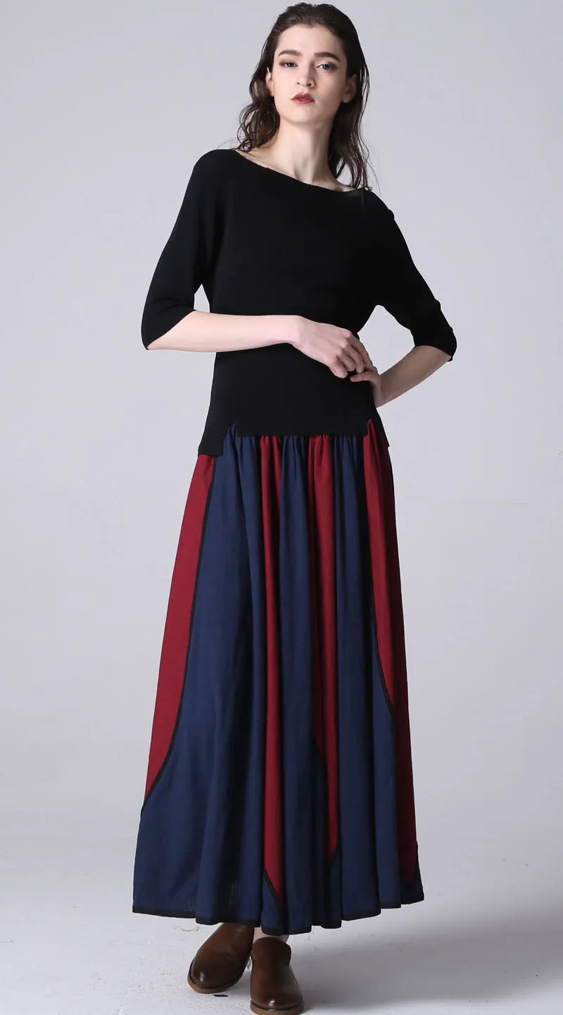 Royal Blue Red Patchwork Linen Maxi Skirt - Elastic Waist 