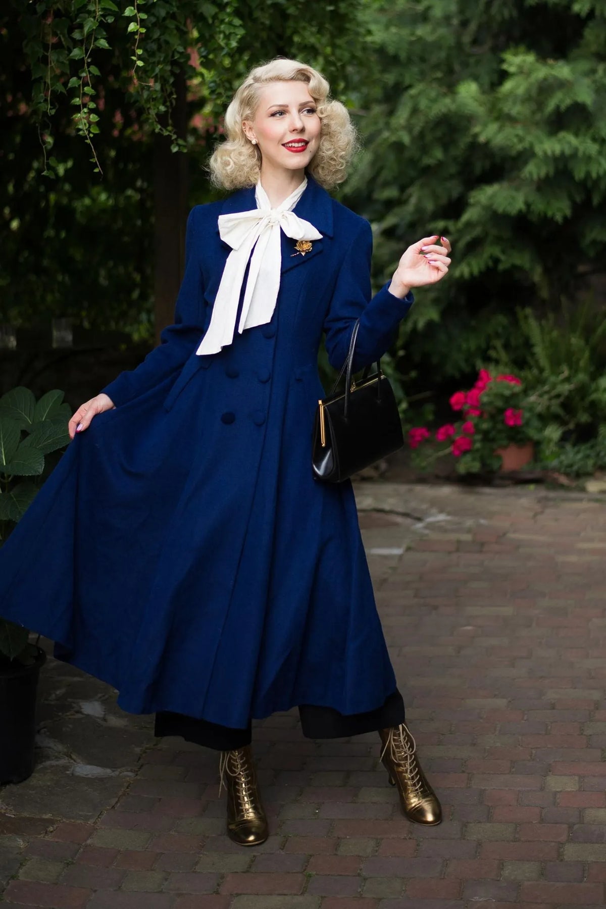 Blue Wool Maxi Coat – Vintage Double Breasted Long Winter Overcoat 2410
