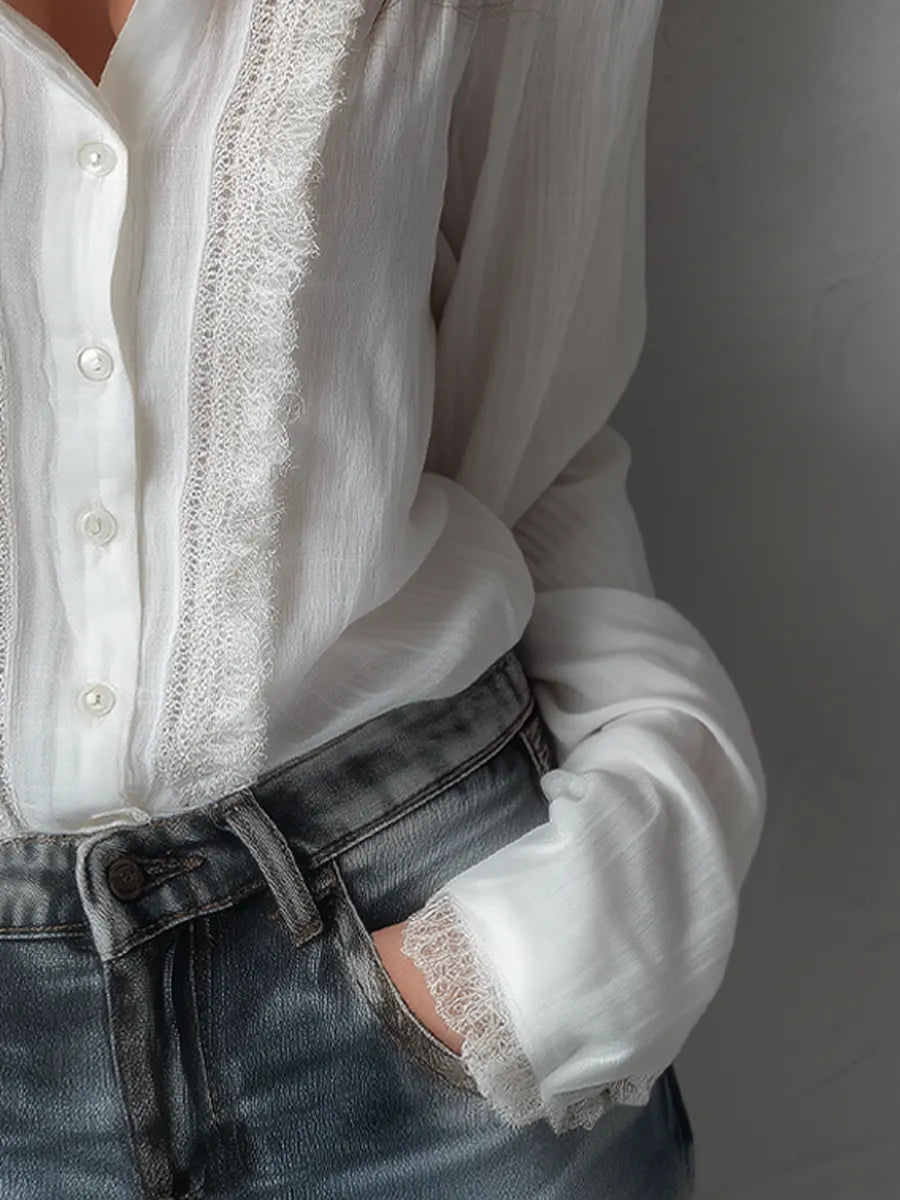 Vintage Lace Trim Long Sleeve Cotton Blouse