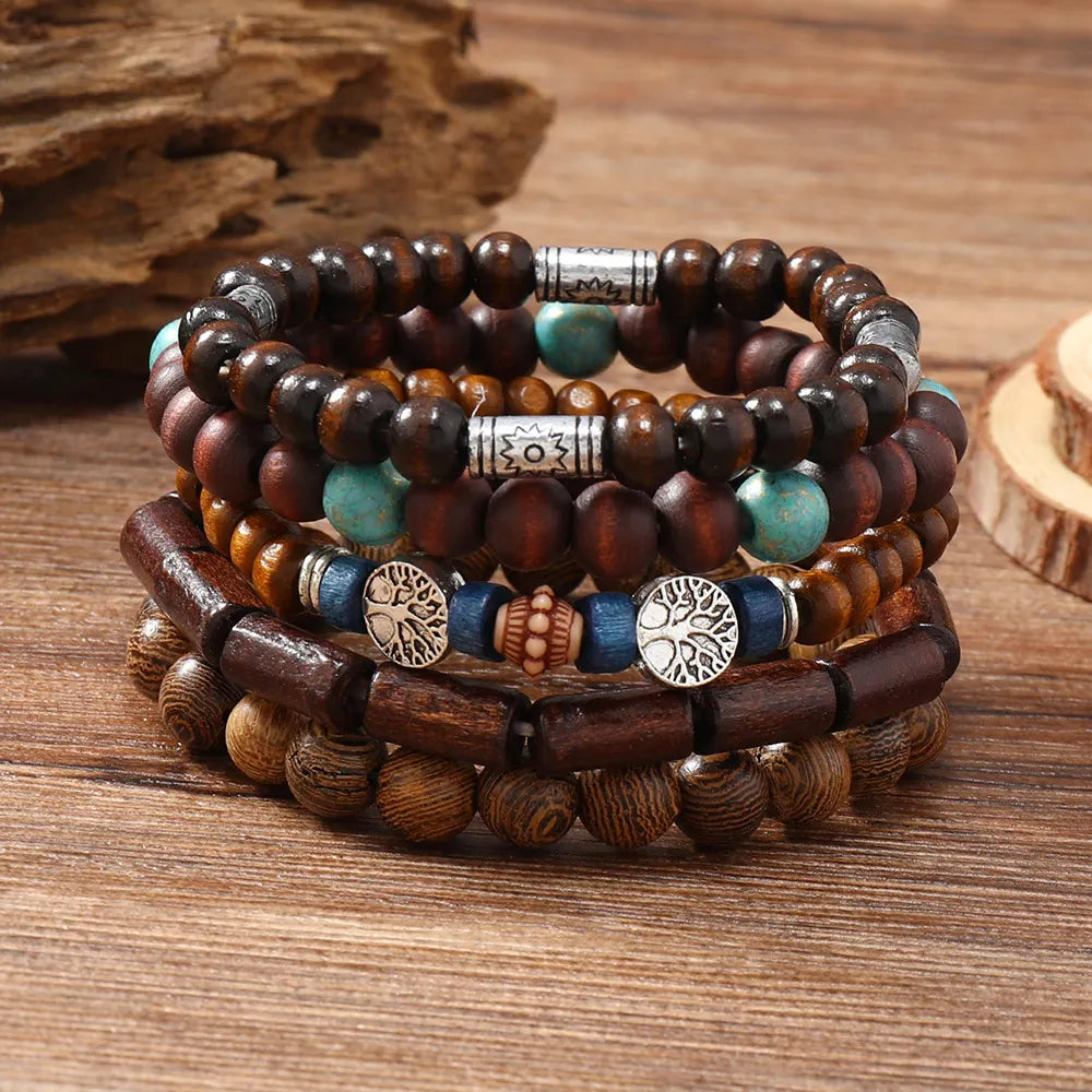Unisex Vintage Beach Surf Multilayer Wooden Bead Set Bohemian Style Bracelet
