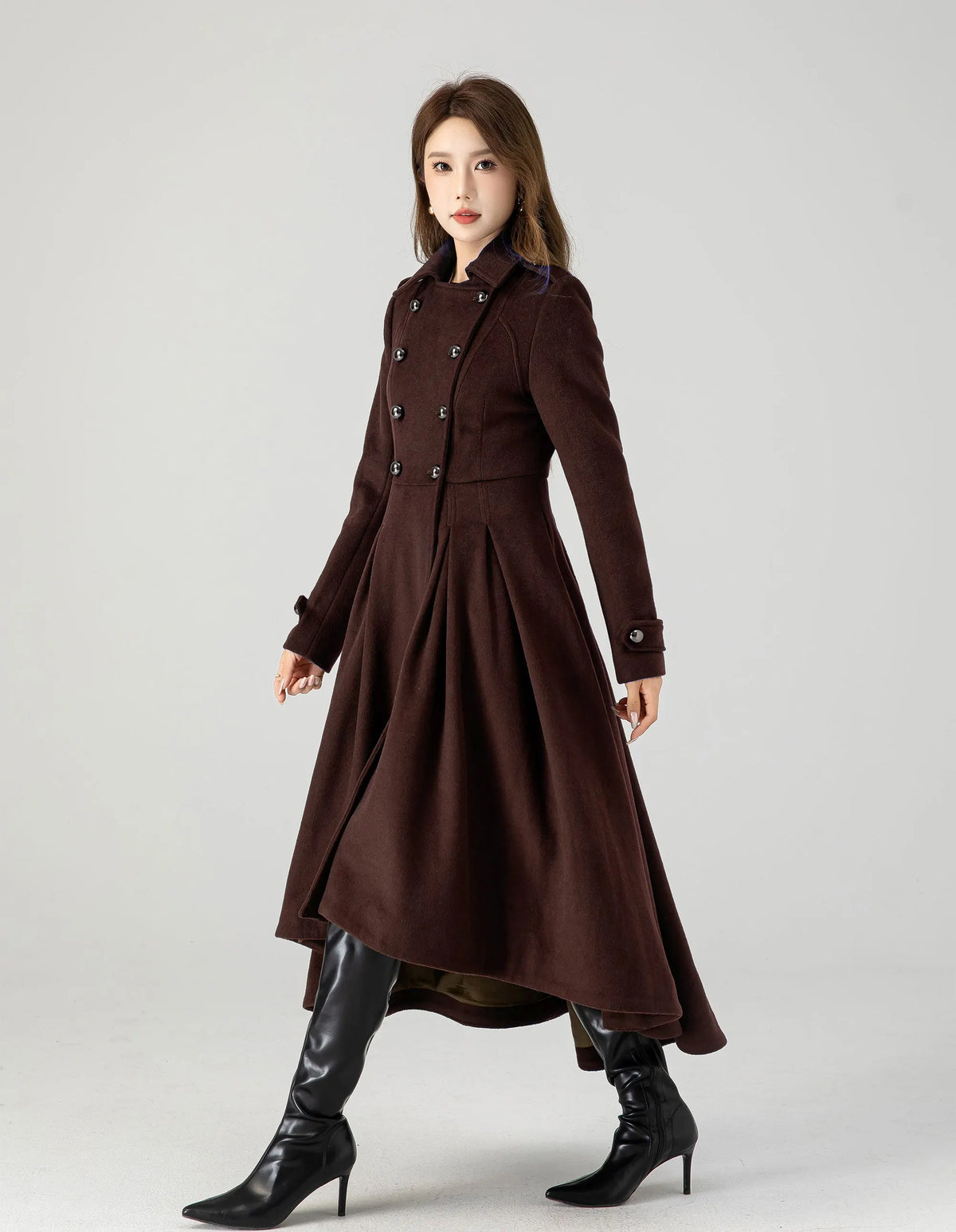 Brown Wool Long Coat - A-Line Vintage Inspired Double Breasted 6310