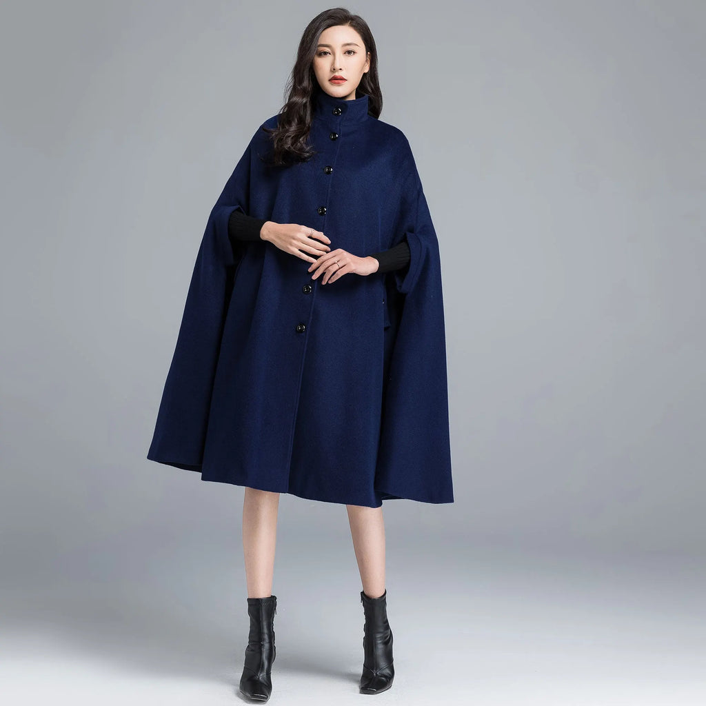 Women's Navy Wool Blend Cape – Button Front Winter Cloak with Structured Collar 2486