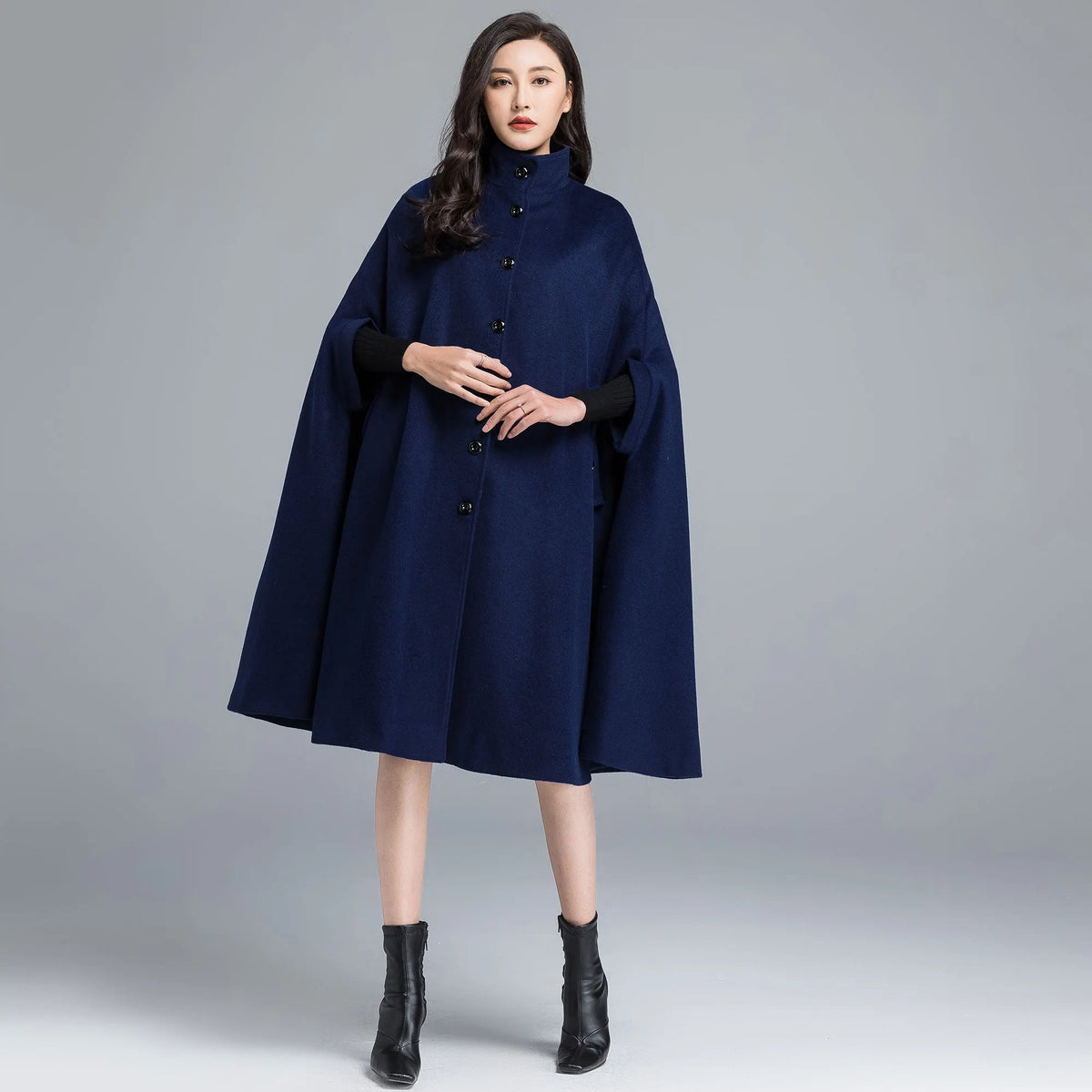 Women's Navy Wool Blend Cape – Button Front Winter Cloak with Structured Collar 2486