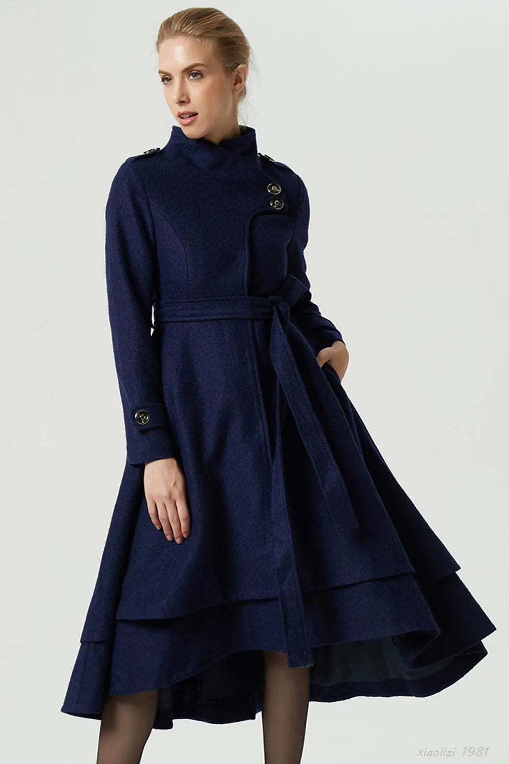 Vintage Wool Coat for Women – Handmade Navy Asymmetrical Belted Long Winter Coat 