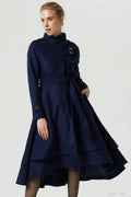 Vintage Wool Coat for Women – Handmade Navy Asymmetrical Belted Long Winter Coat 