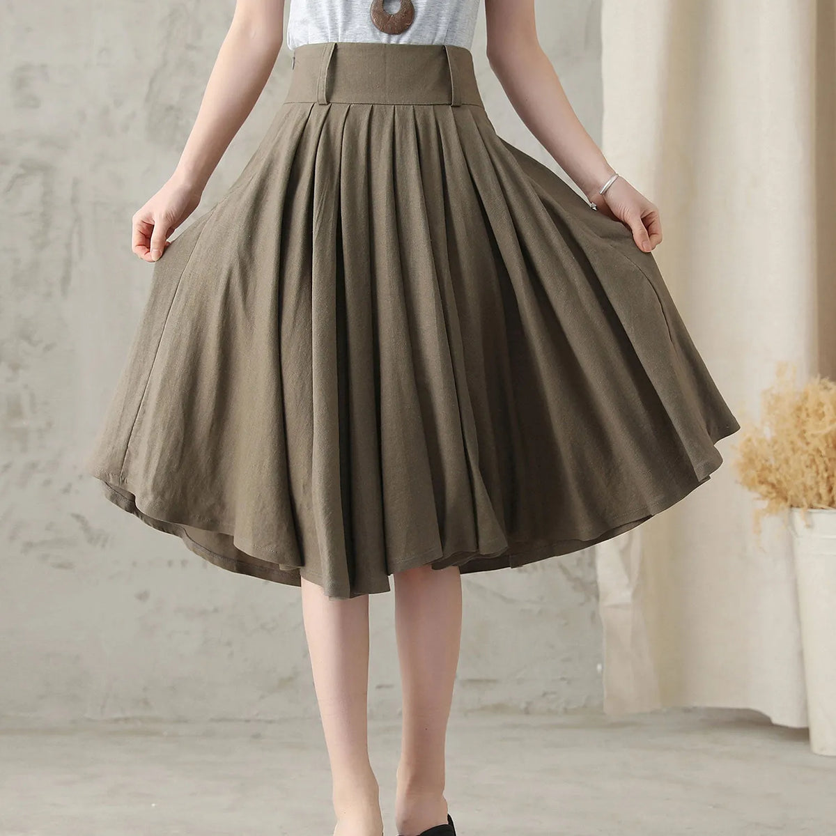 Brown Linen Cotton Midi Skirt - Pleated A-Line High Waist 2589