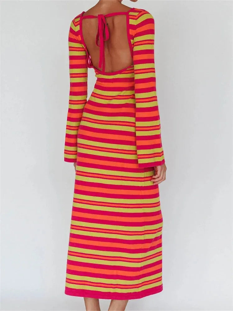 Sexy Women Knitted Sleeve Crew Neck Backless Tie-up Striped Print Slim Fit Spring Fall Vestidos