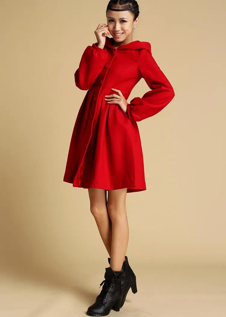 Red Hooded Wool Coat – Single-Breasted Winter Short Coat with Pockets 