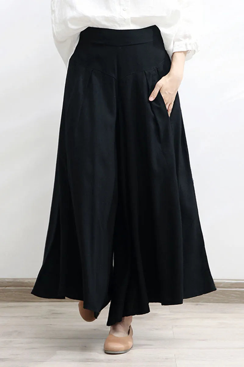 Beige Linen Cotton Wide Leg Pants - Elastic Waist, Asymmetrical Hem 4300