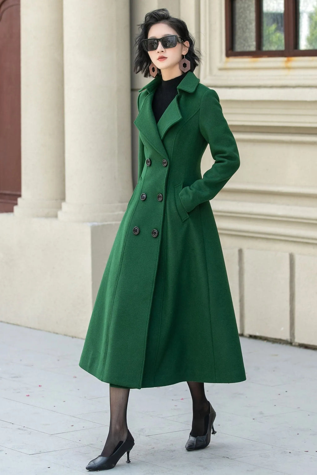 Green Wool Midi Coat - Double Breasted Tailored Fit 5349