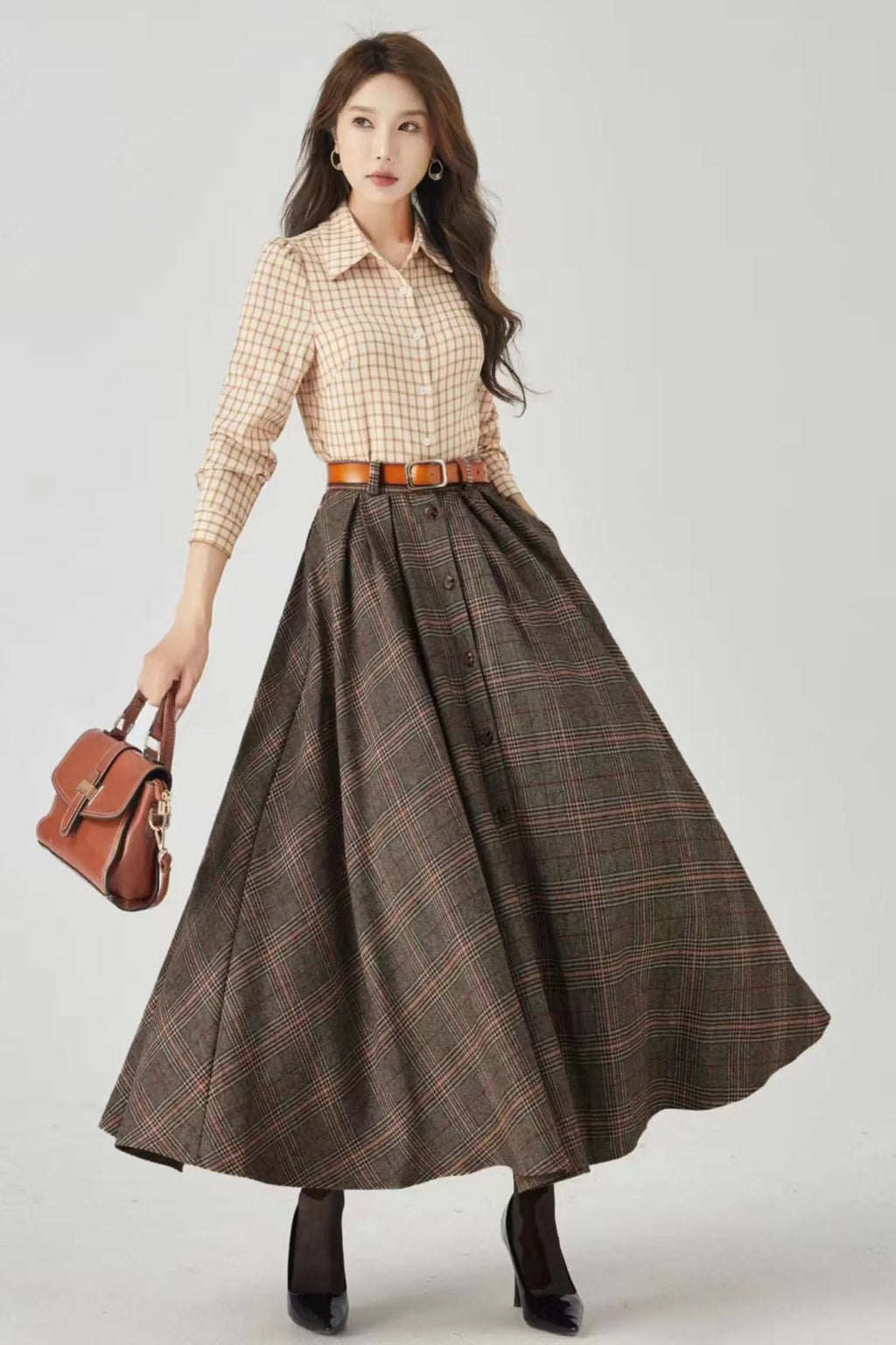 Plaid Wool A-Line Long Skirt - Flared Ankle-Length Winter Style 4536