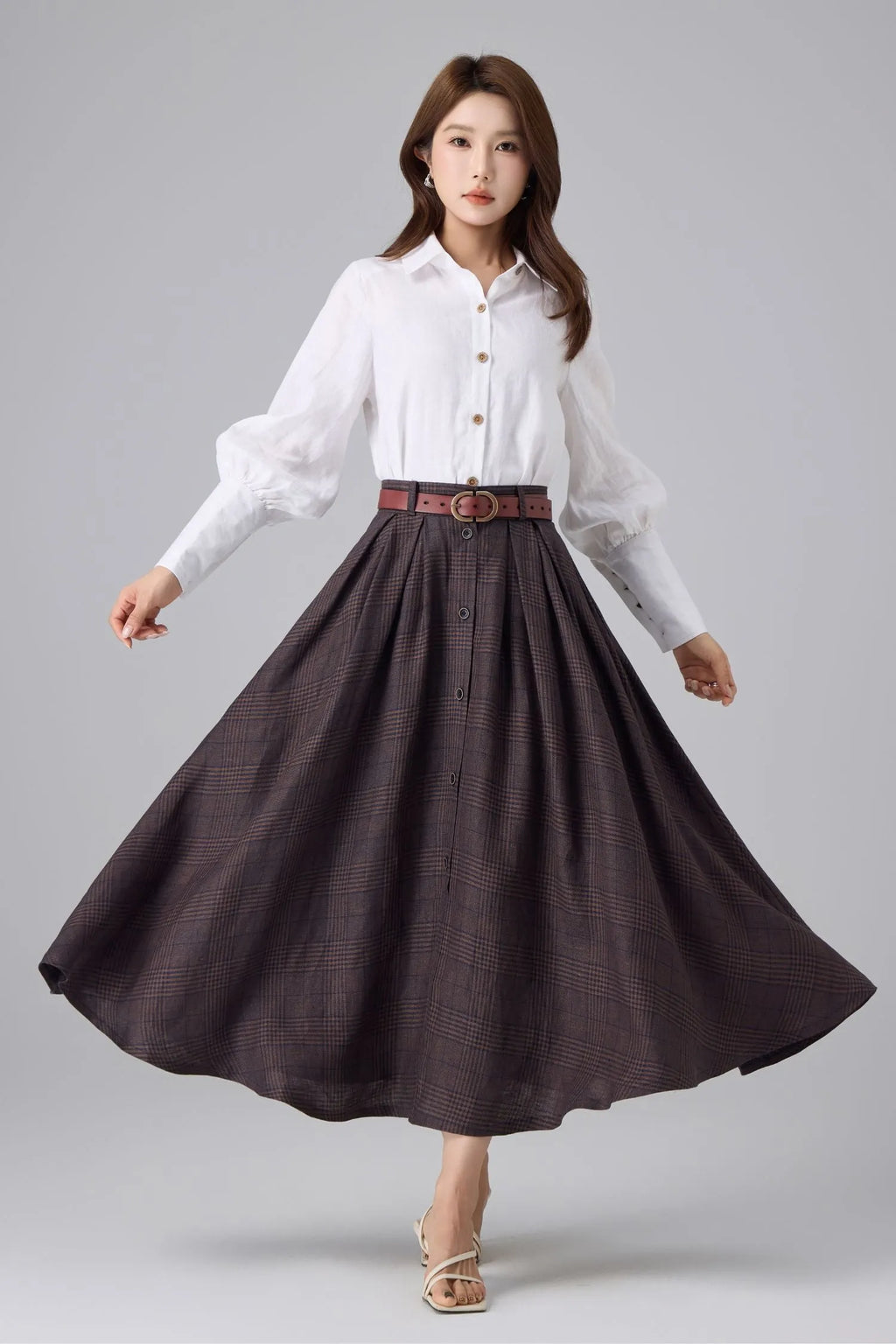 Brown Linen Cotton Skirt - Plaid High Waist 