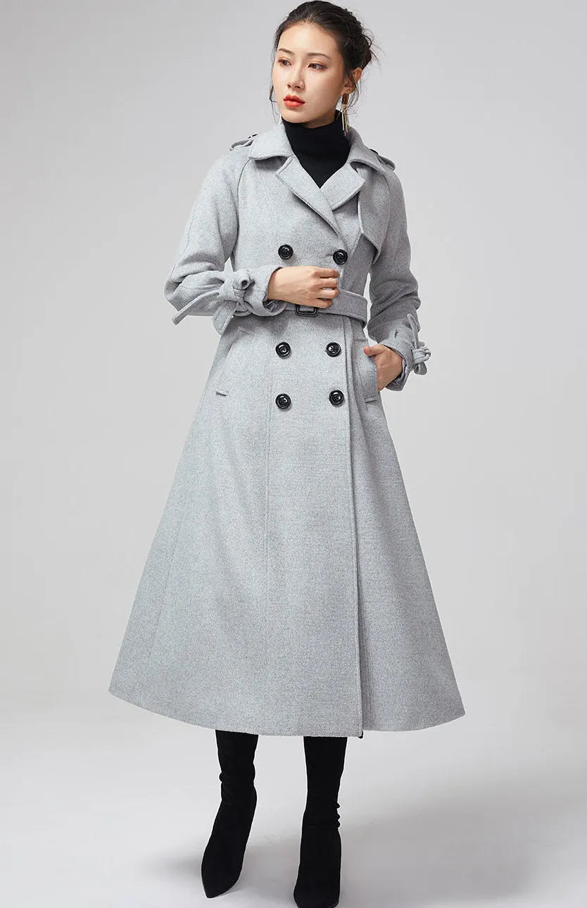 Handmade Gray Wool Trench Coat – Double Breasted Long Winter Overcoat 