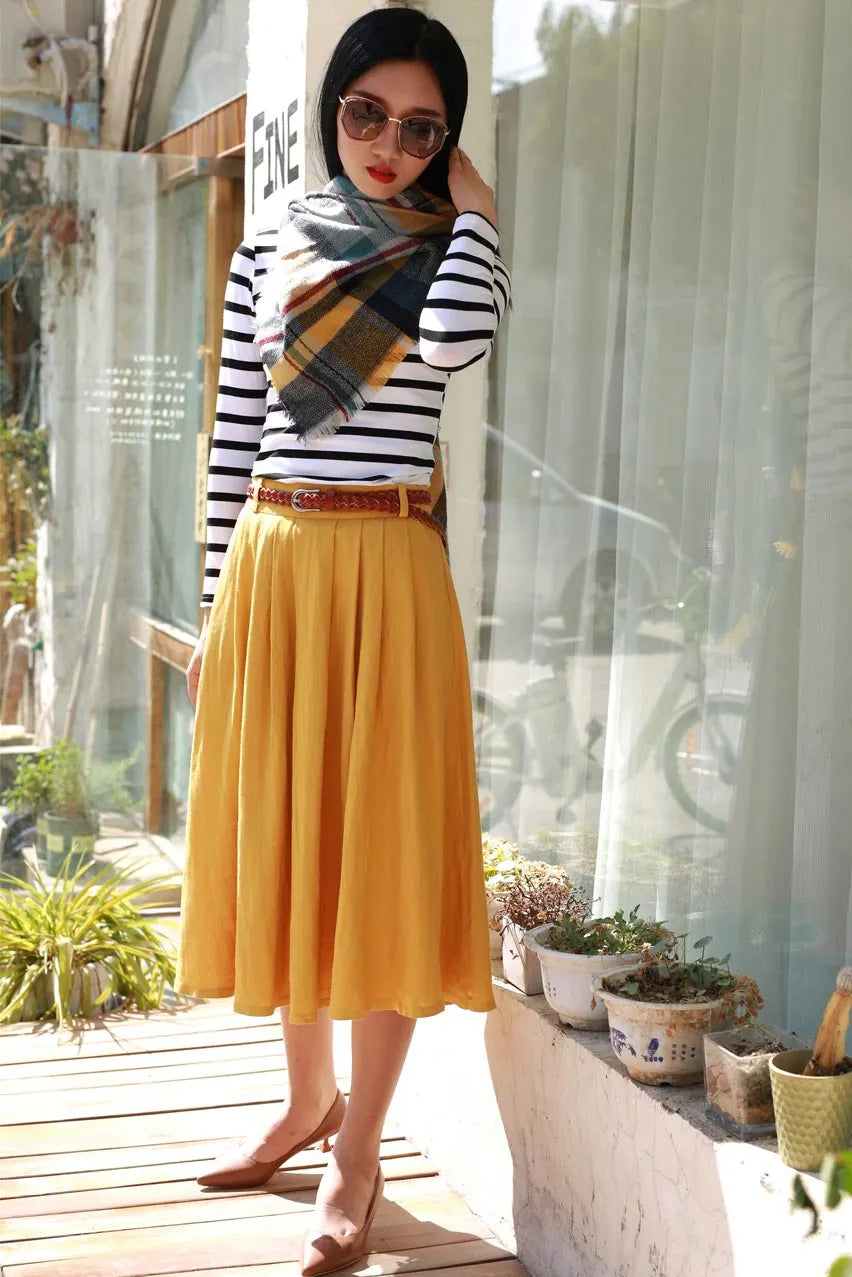 Mustard Yellow Linen Pleated Midi Skirt - High Waist Pockets 