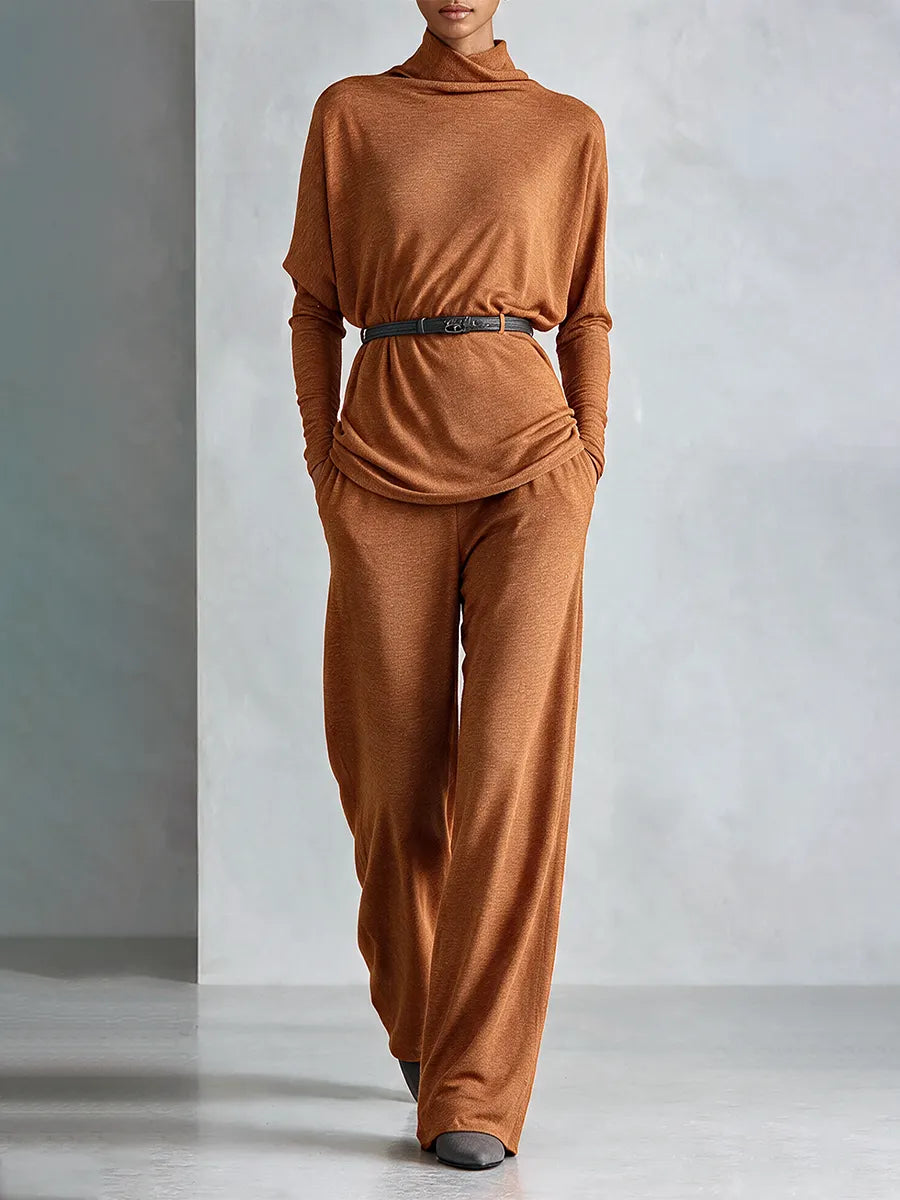 Women's Turtleneck Relaxed‑Fit Knit Top & Draping Wide‑Leg Trousers Set MDZ0238I7R
