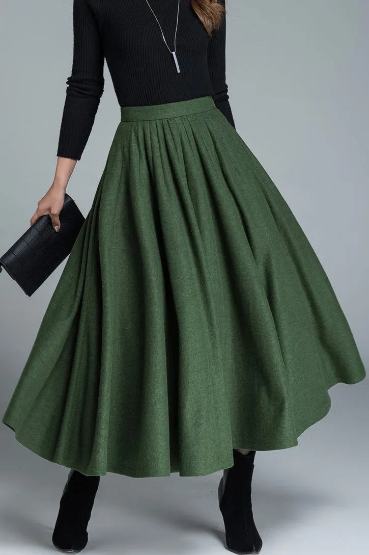 Handmade Women's High-Waisted Green Wool Maxi Skirt - Elegant A-Line Winter Skirt 1641