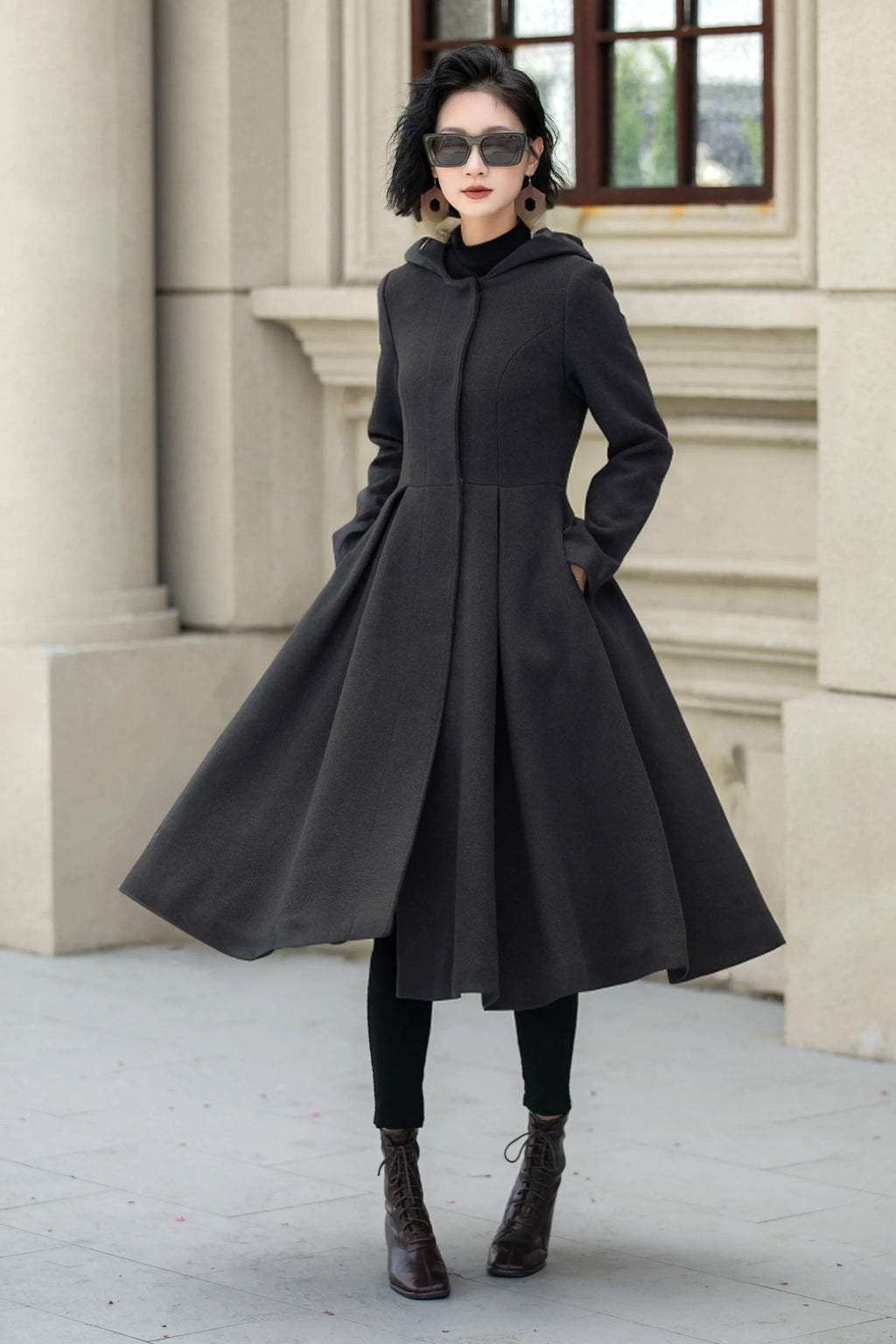 Rust Wool A Line Winter Coat - Hooded Swing Silhouette 5347