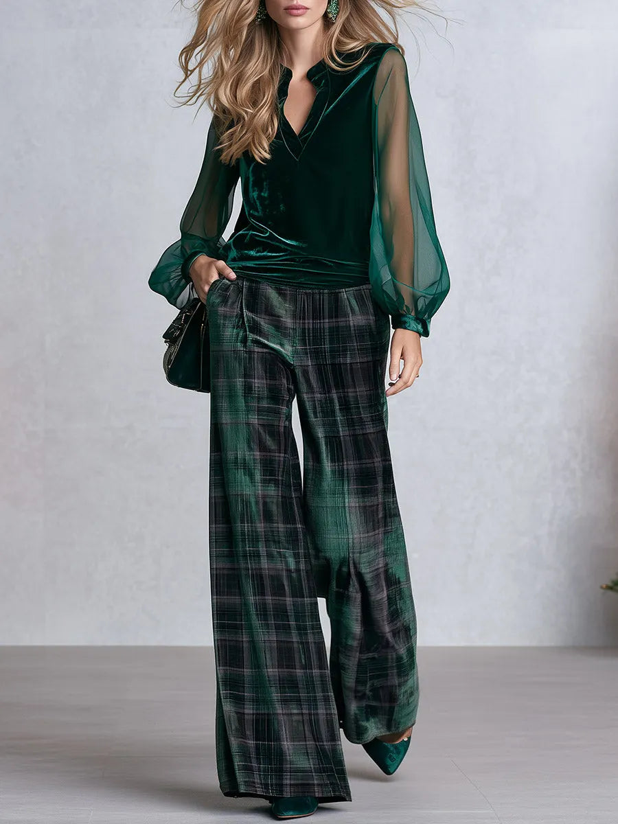 Vintage-style Green Sheer-sleeve Blouse And Plaid Wide-leg Trousers Velvet Set