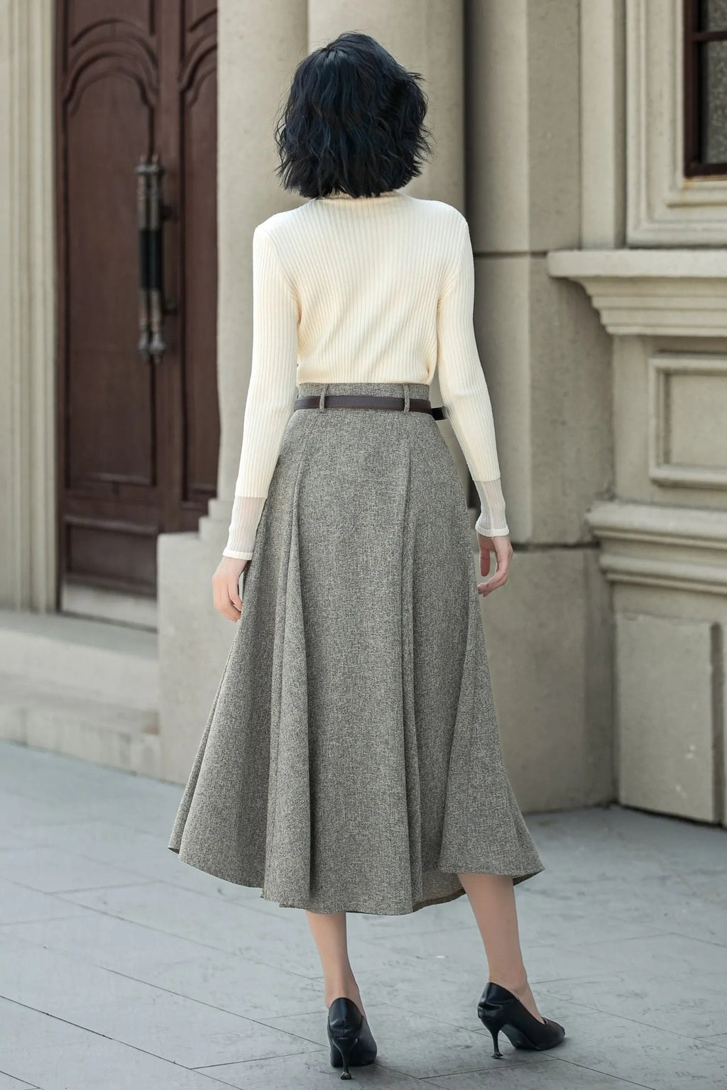 Gray Wool A-Line Midi Skirt - High Waist with Pockets 5313