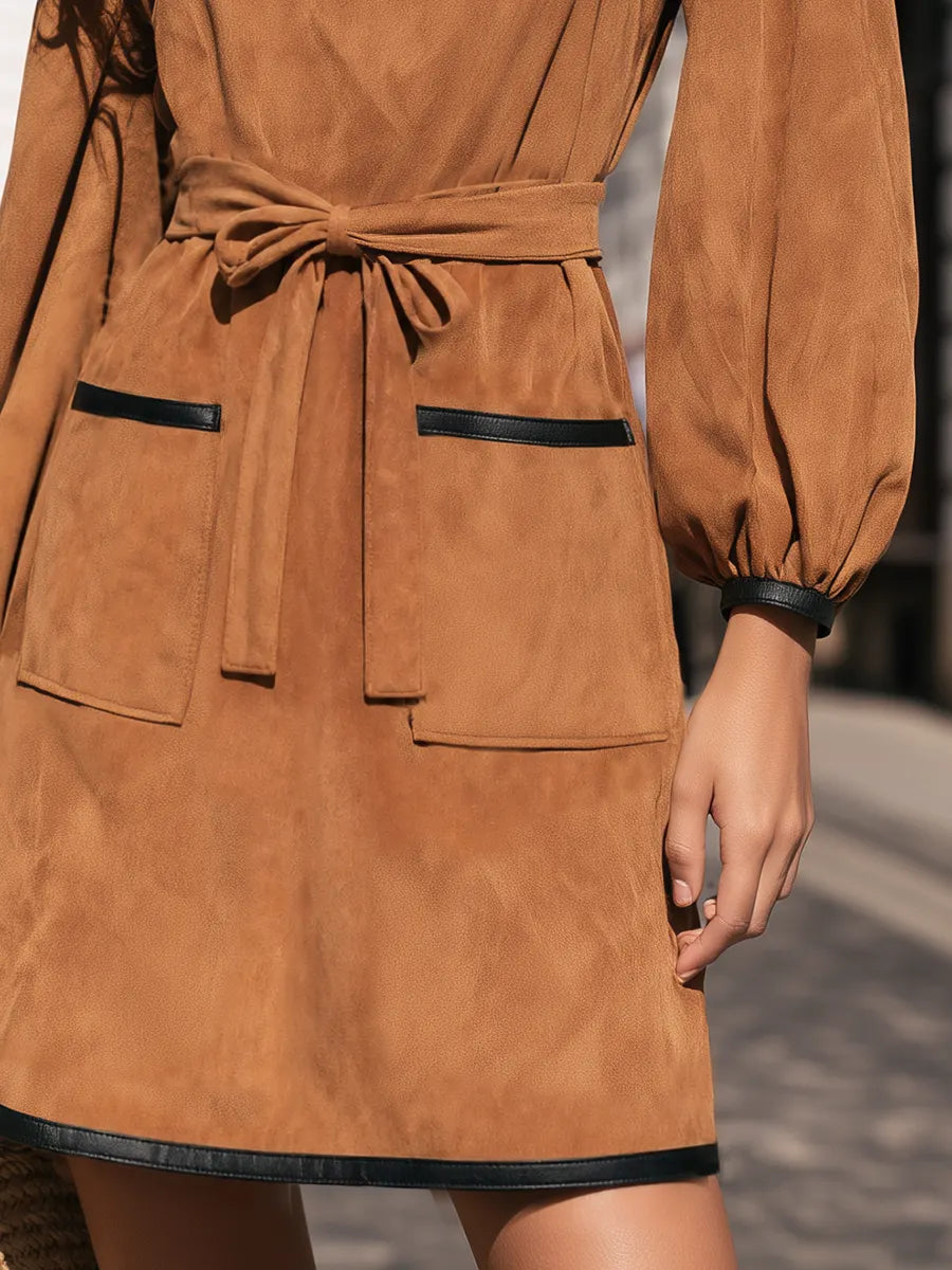 Faux Suede Contrast Black Faux Leather Trim Split V Neck Long Sleeve Patch Pocket Straight Mini Dress