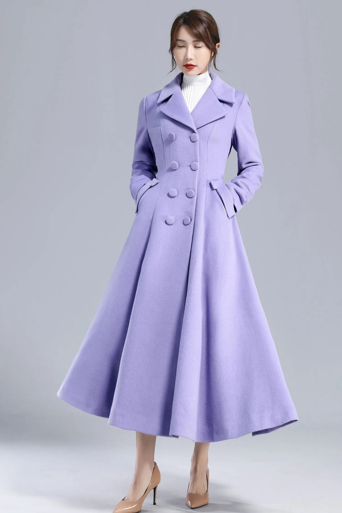 Purple Wool Fit-and-Flare Long Coat - Double-Breasted Elegant Silhouette 3232