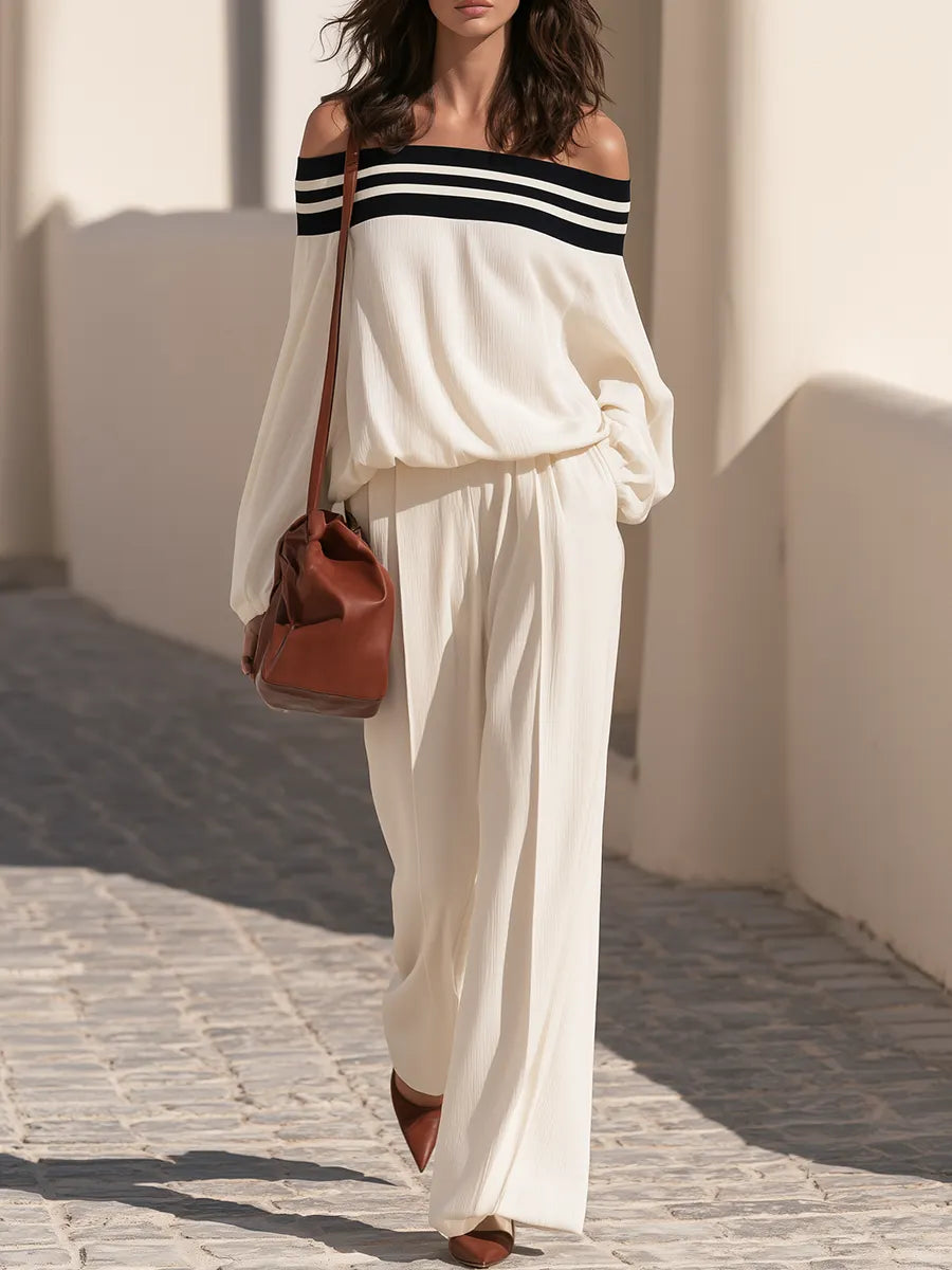 Vacation-style Black And White Striped Off-shoulder Top And Wide-leg Pants Set
