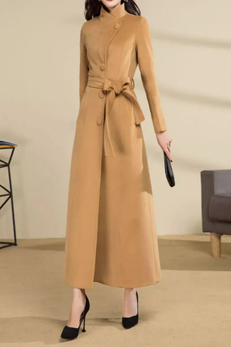 Camel Wool Long Coat - Asymmetrical Front with Tie Belt 4589