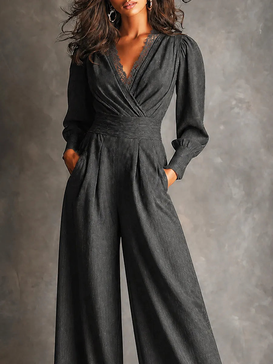 Charcoal Lace Trim Wide-Leg Jumpsuit