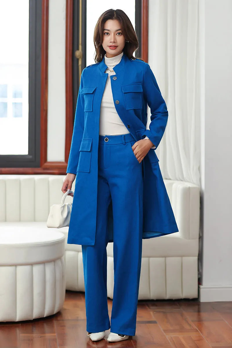 Blue Wool Coat and Wide Leg Pants - Elegant A-Line Silhouette 4028