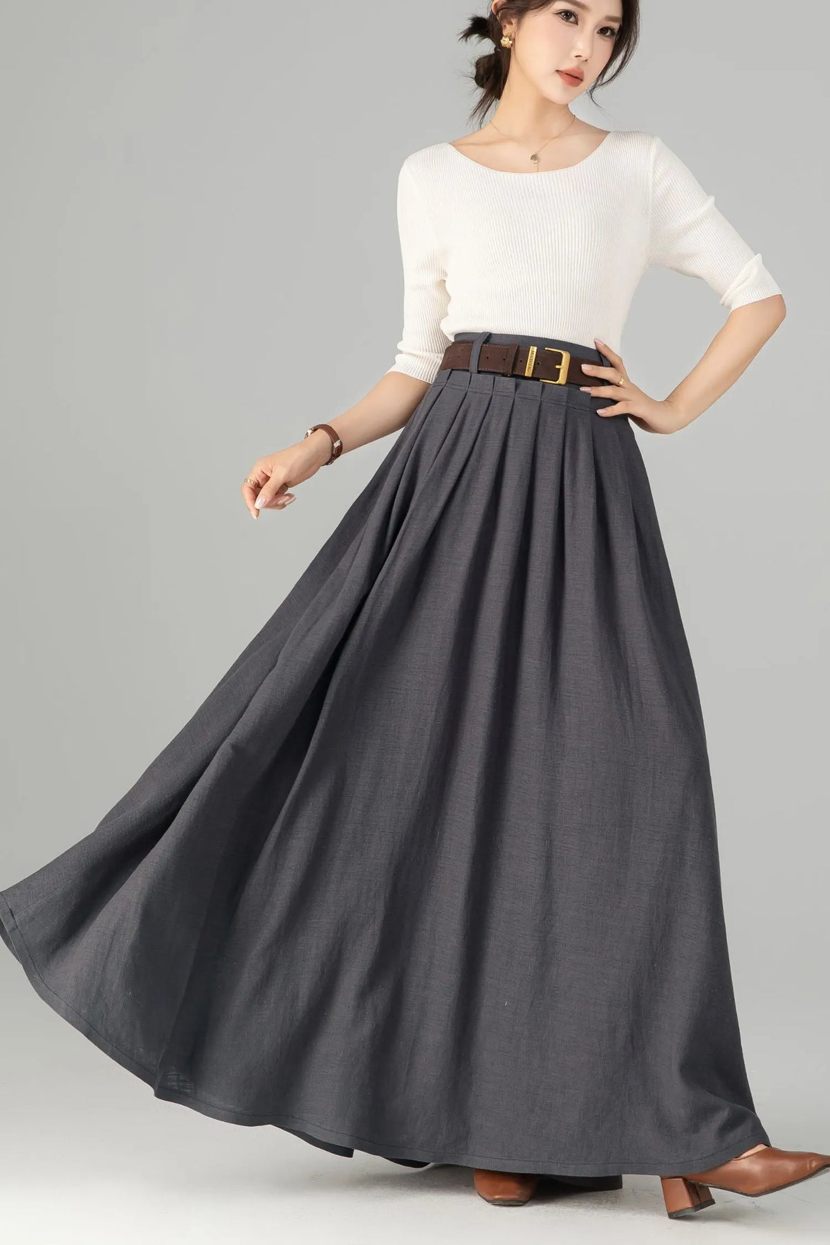 Dark Grey Linen Cotton Maxi Skirt - Pleated Waist with Side Pockets 5701