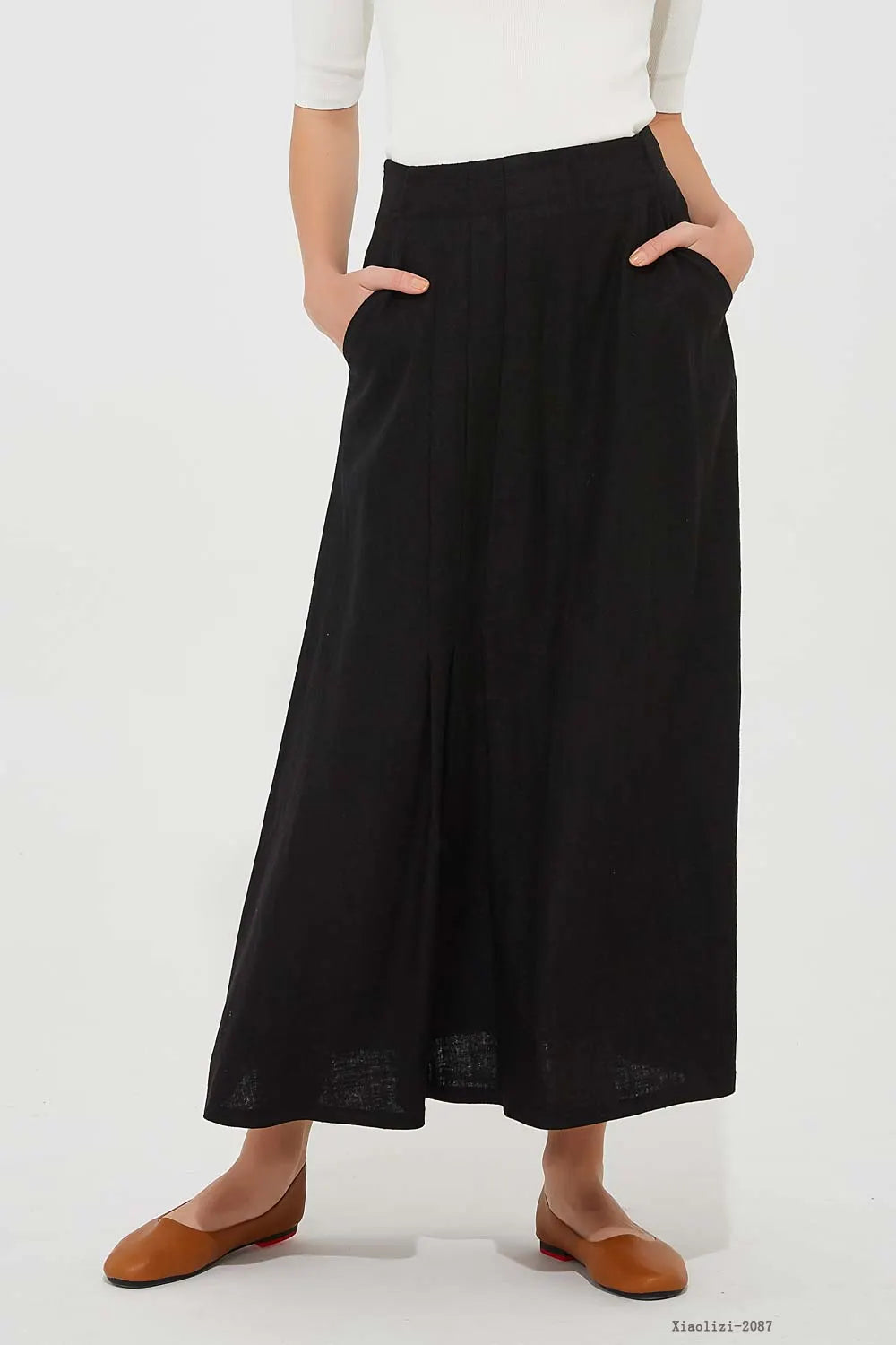 Black Linen A-Line Skirt - Pleated Design with Side Pockets 2087