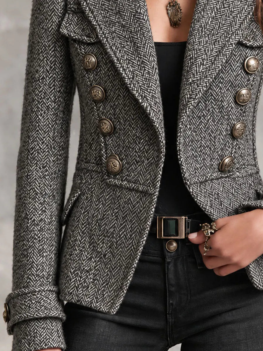 Grey Herringbone Tweed Military Jacket Bronze Double Breasted Button Fitted Short Blazer