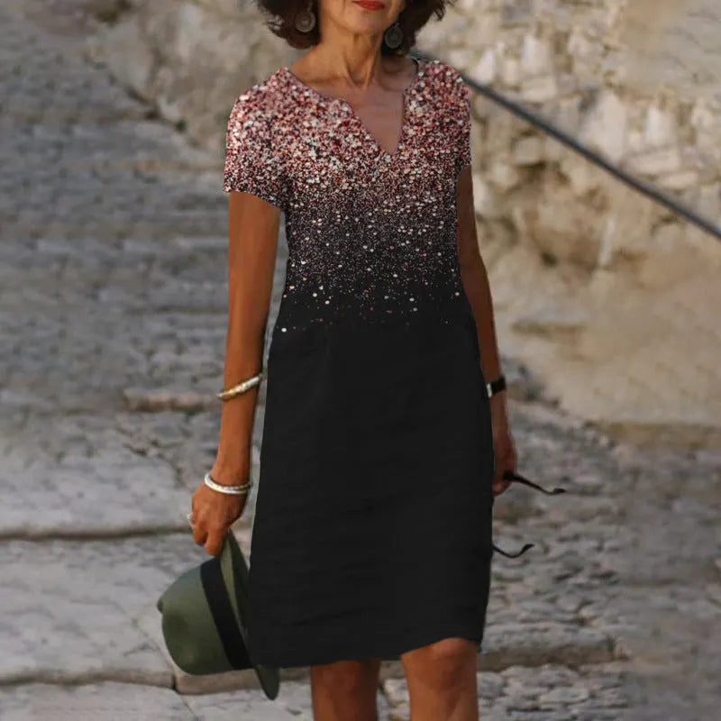 Printed Round Neck Split Short Sleeve Loose Dress