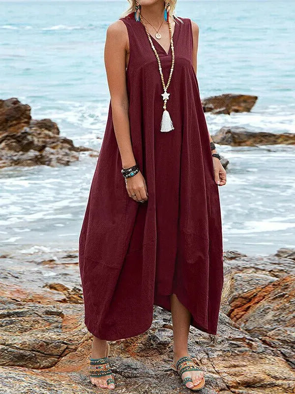 Casual V-Neck Sleeveless Pocket Dress