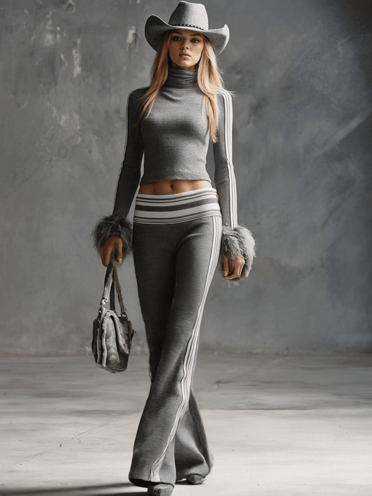 Retro Fashion Sporty Gray Knitted Feather Cuffs High-neck Top And Slim-fit Flared Pants Suit