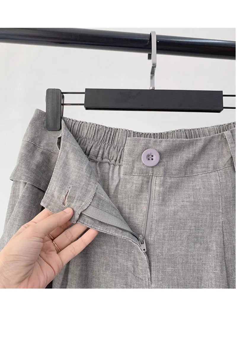 Gray Linen Midi Skirt - Elegant Back Elastic Waist with Pockets 4359