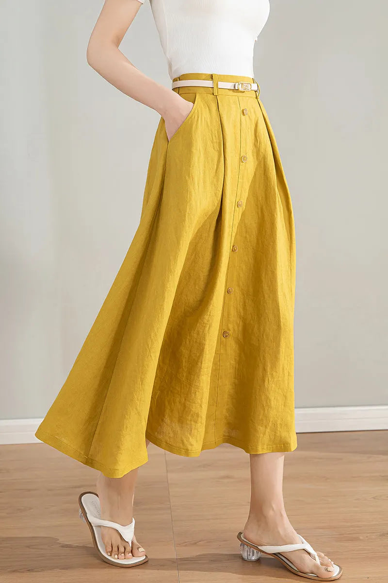 Handmade Linen Cotton Midi Skirt with Pockets 