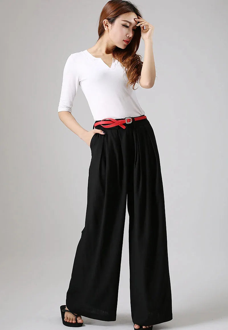 Black Linen Cotton Wide Leg Pants - Palazzo A-Line 