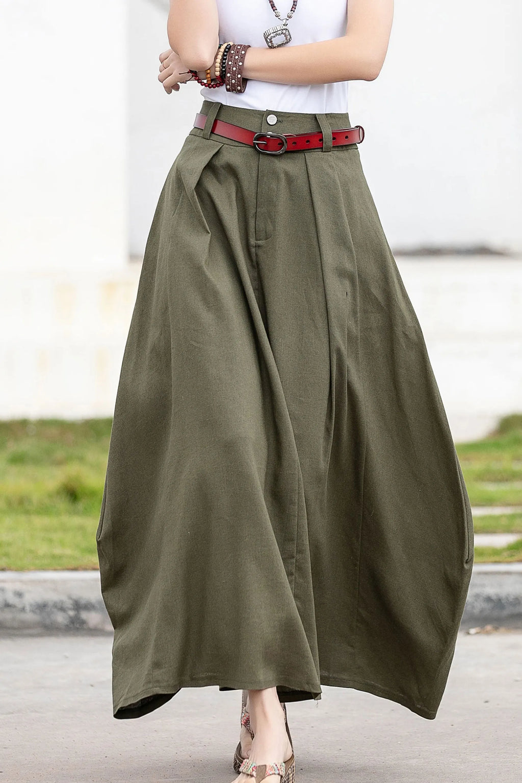 Olive Green Linen Cotton Skirt – Handmade A-Line Maxi Skirt for Women 
