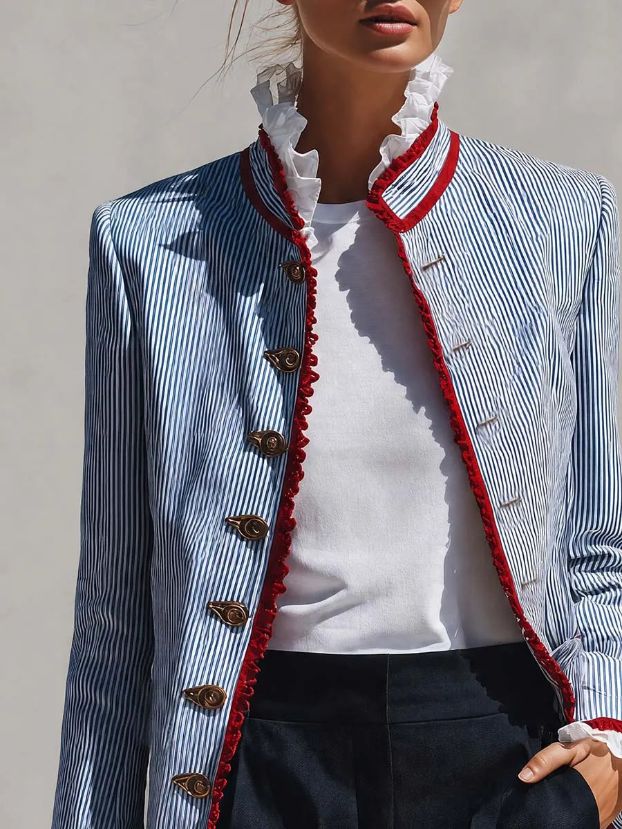 Elegant Vintage Ruffled Stand Collar Lace Trim Blue And White Striped Jacket