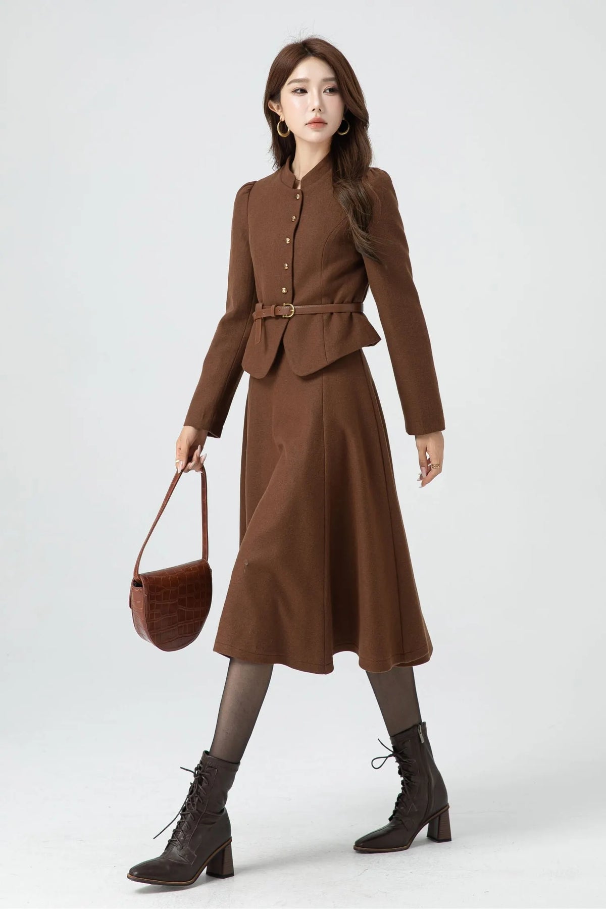 Brown Wool A-Line Skirt - Mid-Length Classic Winter Style 5316