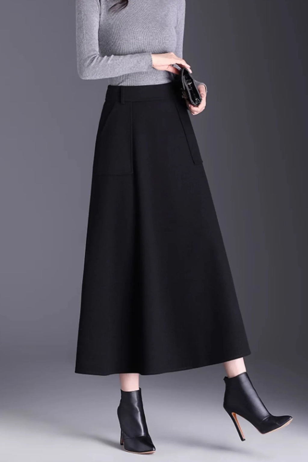 Brown Wool A-Line Midi Skirt with Pockets - Winter Warmth 6141
