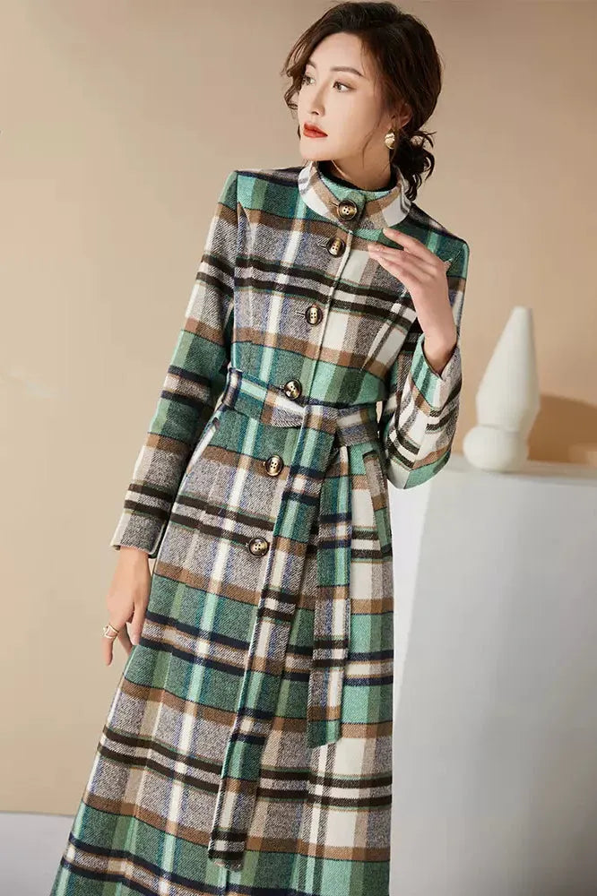Handmade Green Plaid Wool Coat – Elegant Belted High Neck Long Overcoat 