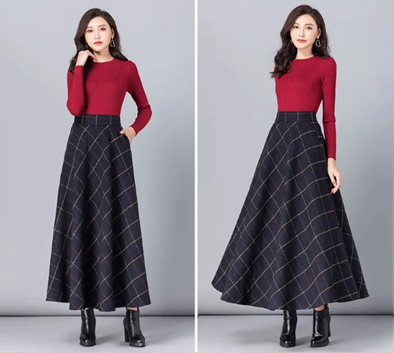 Black Wool A-Line Maxi Skirt - Plaid Pattern with Pockets 4640-1